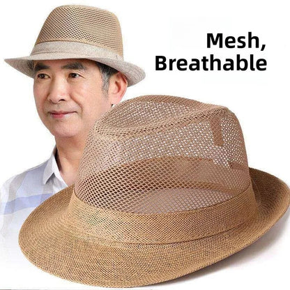 A light tan woven straw hat with a mesh crown and wide brim, shown in front of a man wearing the same hat. The image includes the text 'Mesh, Breathable' on a white background.