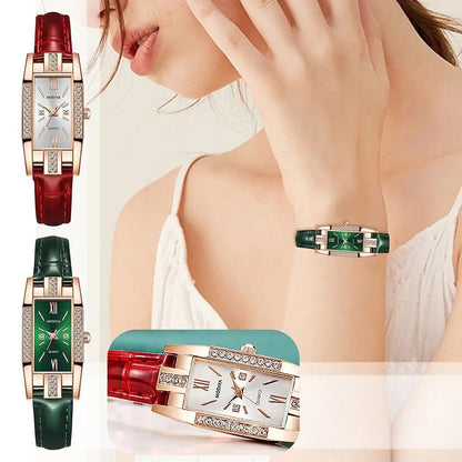 Woman wearing a green watch with additional watches displayed around her.