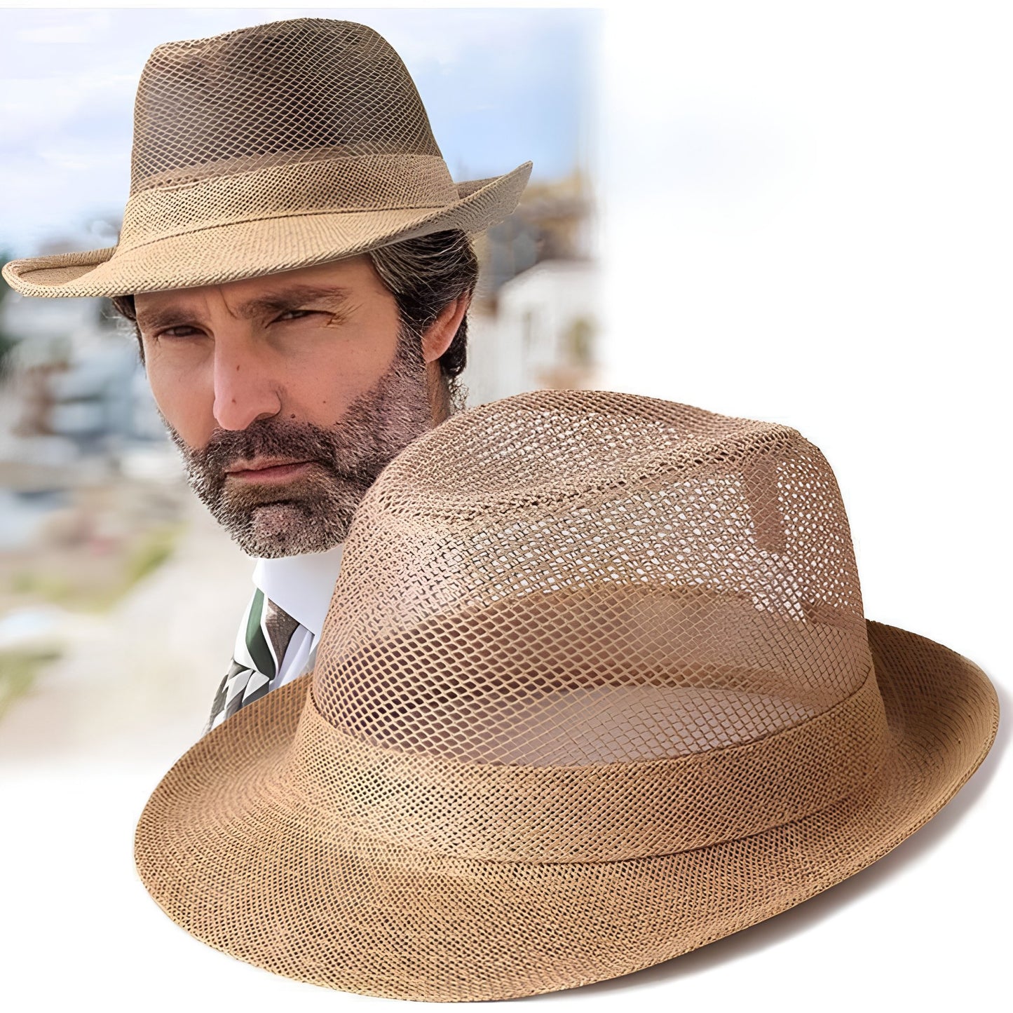 A tan mesh fedora hat shown prominently in the foreground, with a man wearing the same hat partially visible in the background against a bright white studio-style backdrop.
