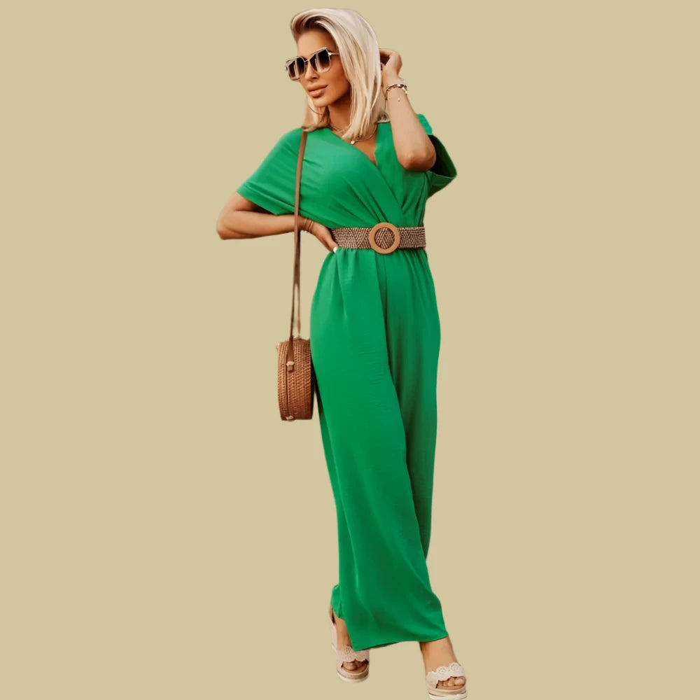 Elegant green wide leg jumpsuit with belt