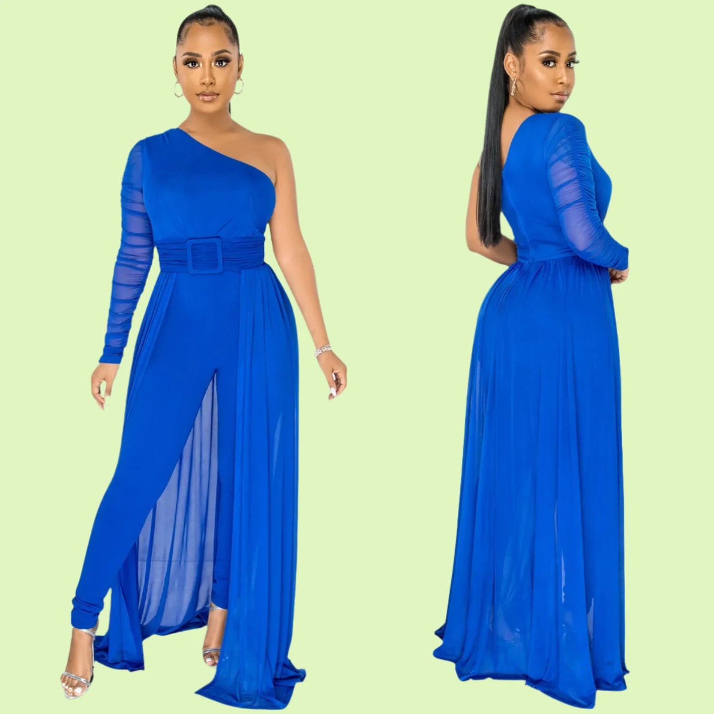 Woman in a vibrant blue one-shoulder jumpsuit poses against a light green background. The design features sheer fabric and a flowing silhouette, conveying elegance.