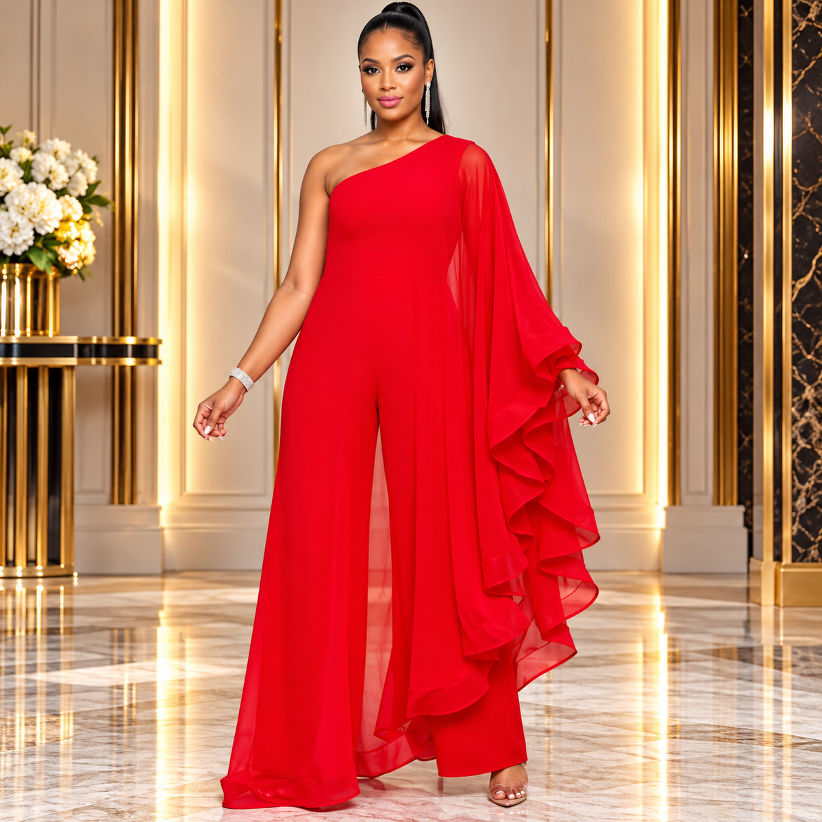 Woman modeling an elegant scarlet red one-shoulder ruffle jumpsuit featuring an asymmetrical neckline, dramatic sheer chiffon cape sleeve, cascading layered ruffles, and flowing wide-leg pants. Styled with sparkling silver jewelry and strappy heels in a luxurious gold-accented interior.