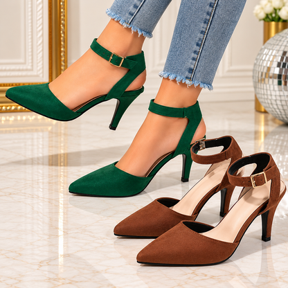 Elegant Pointed Toe Ankle Strap Heels in green and brown, featuring suede-look pointed toes, slim heels and adjustable gold buckle straps.