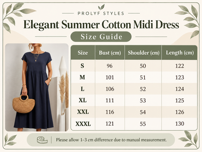 ProLyf Styles Elegant Summer Cotton Midi Dress size guide featuring a navy dress photo with bust, shoulder and length measurements in centimeters for S through XXXL.