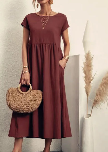 Elegant Summer Cotton Midi Dress in burgundy, product color variant photograph