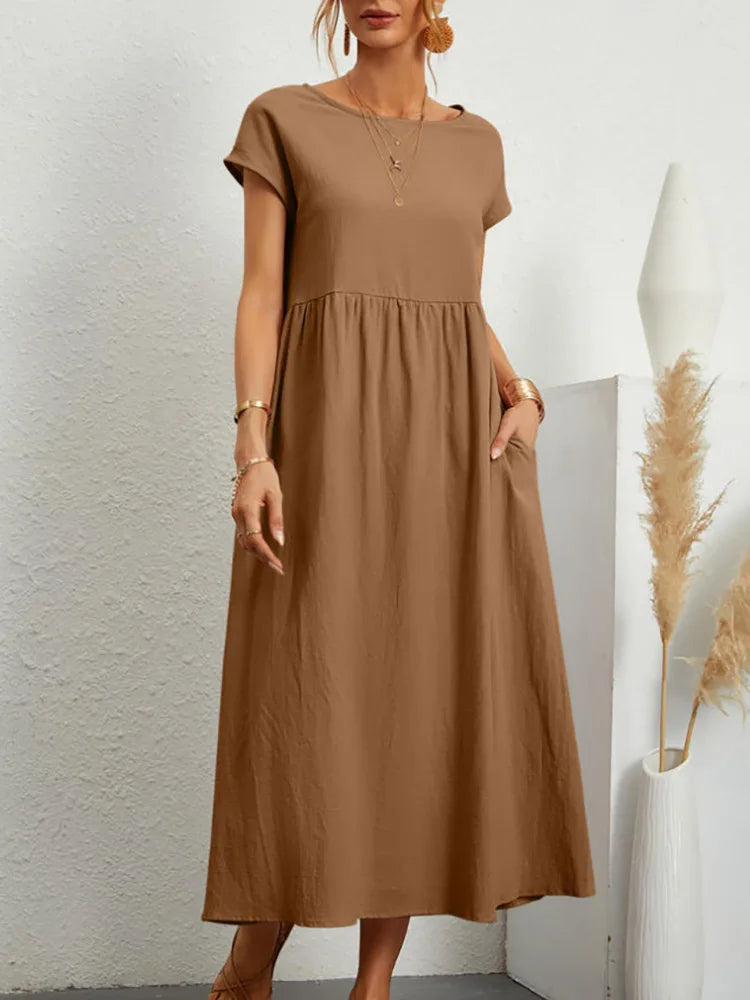 Elegant Summer Cotton Midi Dress in khaki, product color variant photograph