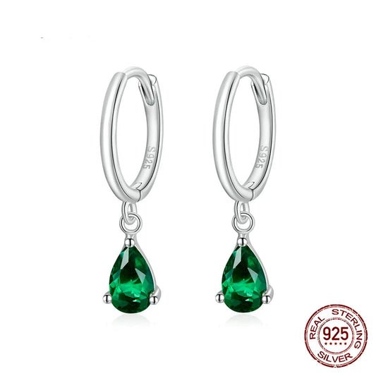 Sterling silver 925 crystal drop huggie earrings with emerald green teardrop CZ