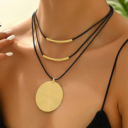 Genuine leather statement necklace with bohemian rope chain and gold zinc alloy accents