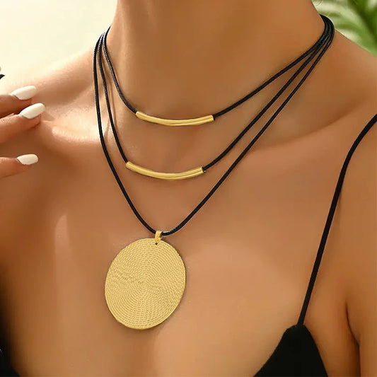 Genuine leather statement necklace with bohemian rope chain and gold zinc alloy accents