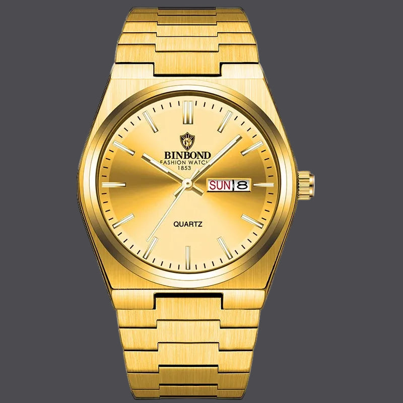 Gold sport watch featuring complete calendar and water-resistant construction