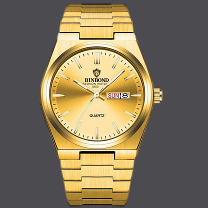 Gold sport watch featuring complete calendar and water-resistant construction