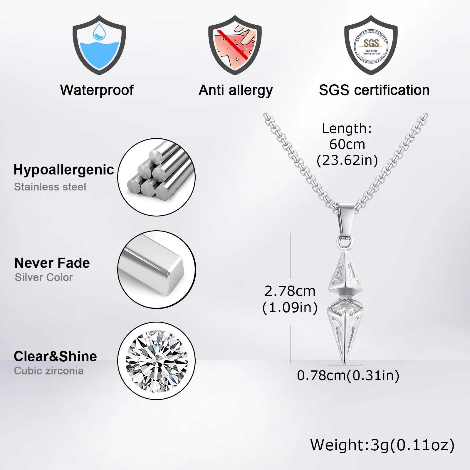 Silver arrowhead crystal pendant necklace in man's hand against rocky outdoor background