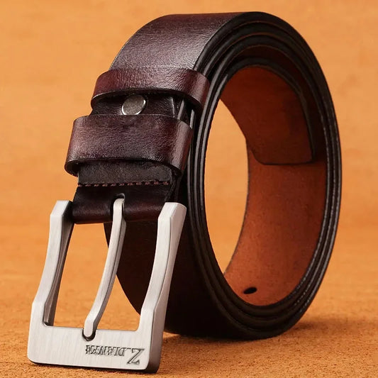 Men's genuine leather belt in black and coffee brown with zinc alloy buckle