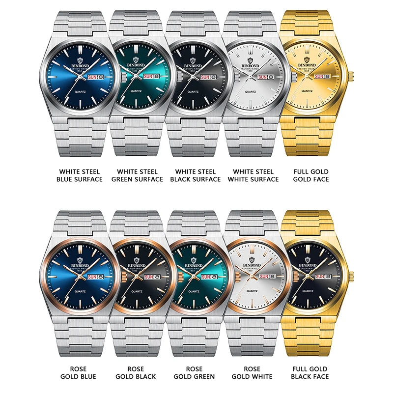 Men's stainless steel sport watch in silver, rose gold, and gold finishes