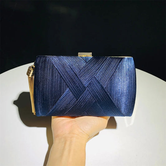 Navy blue silk dinner handbag with gold hardware for black-tie events