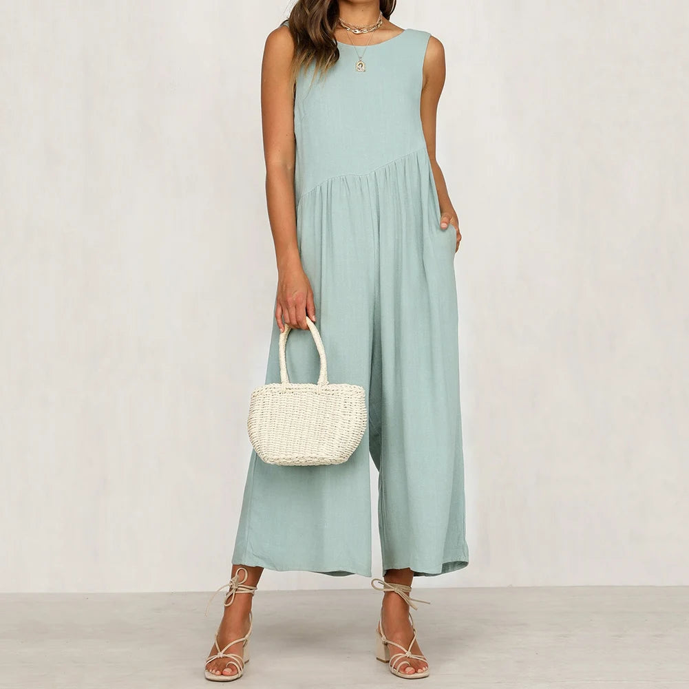 Rust-colored jumpsuit styled for casual outings.