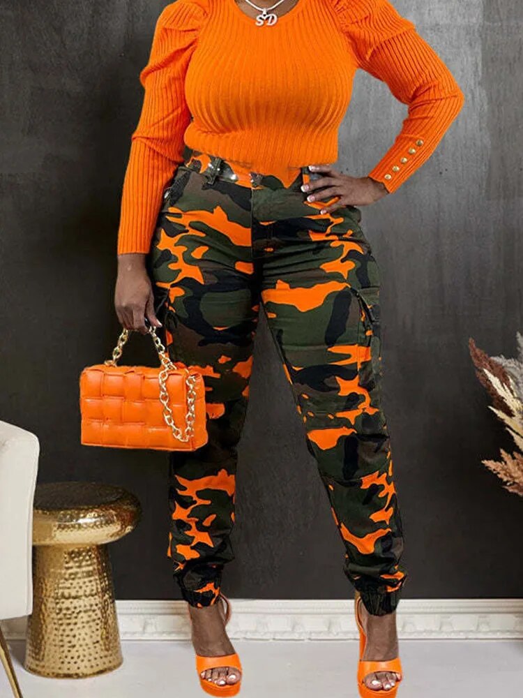 Orange and Green Camouflage Cargo Pants Styled with Accessories