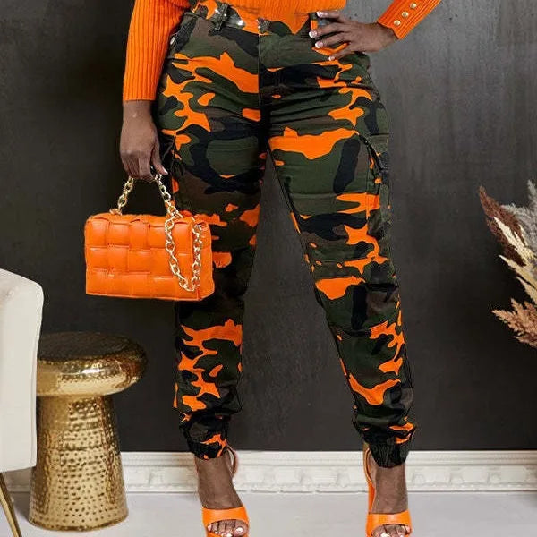 Orange and Green Camouflage Cargo Pants Styled with Accessories