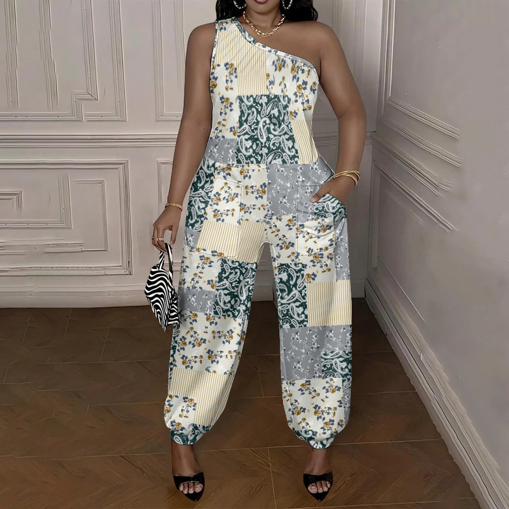 Woman wearing a floral patchwork jumpsuit in an elegant room.
