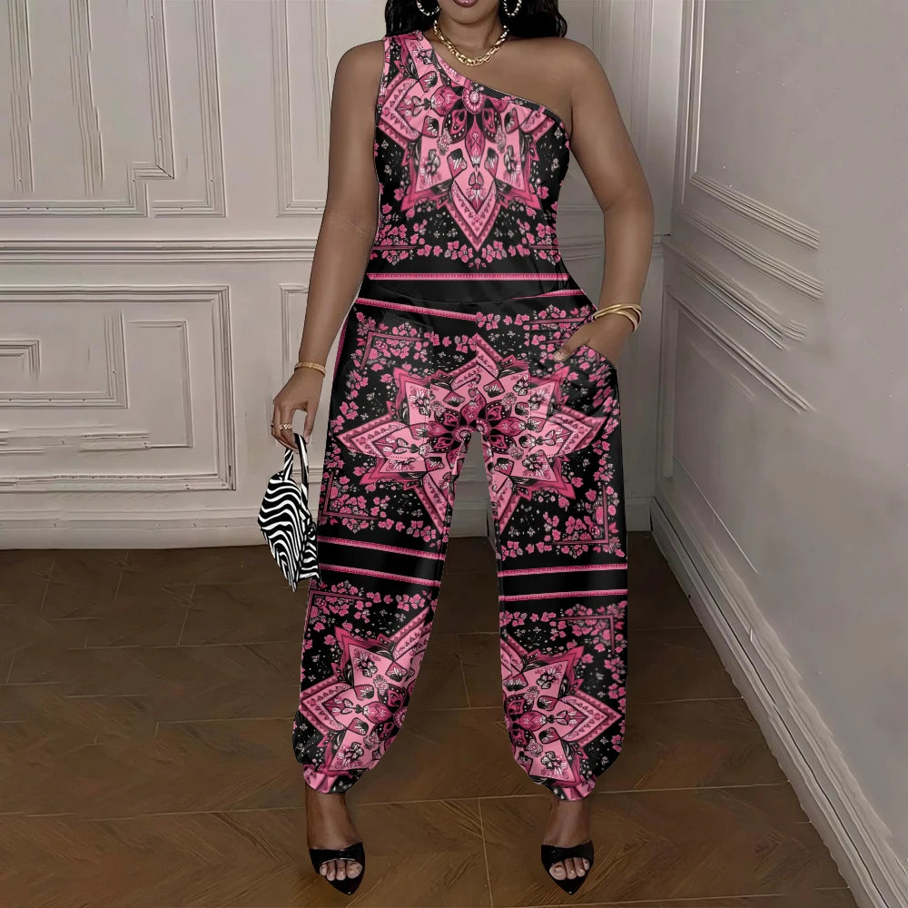 Person wearing a pink and black patterned outfit in an indoor setting.