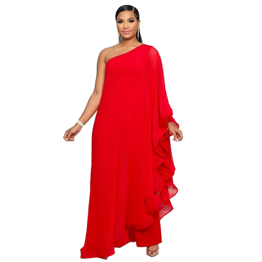 Red ruffle one-shoulder wide-leg jumpsuit