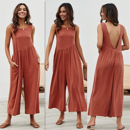 Rust-colored jumpsuit styled for casual outings.