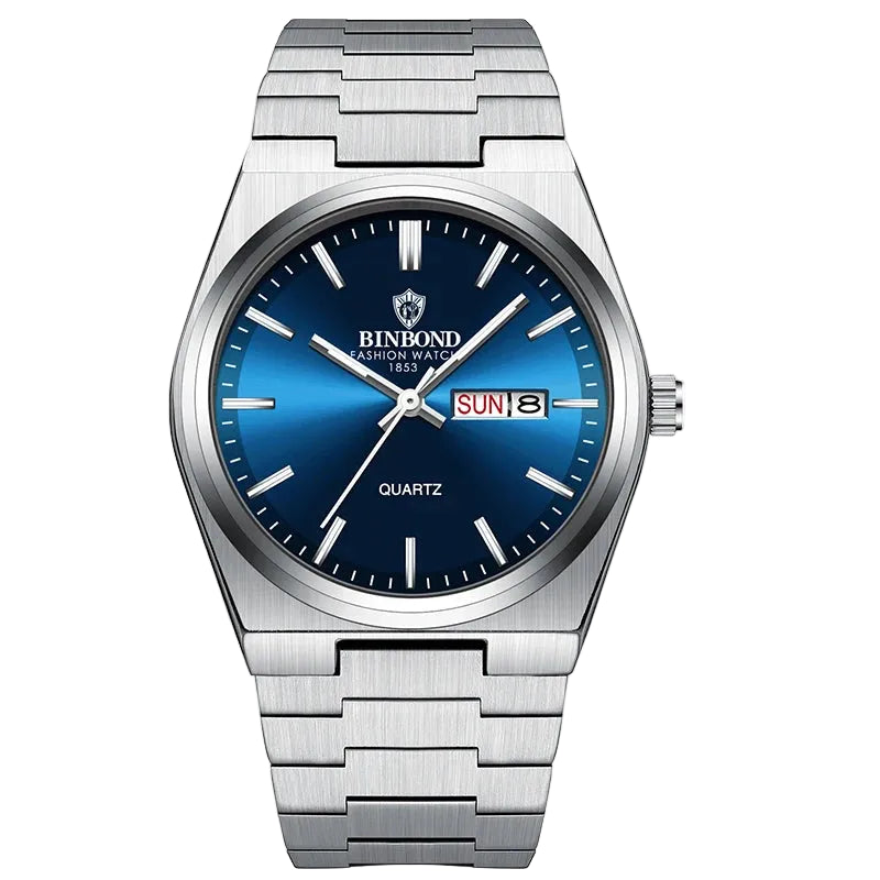 Silver blue sport watch combining elegance with functionality