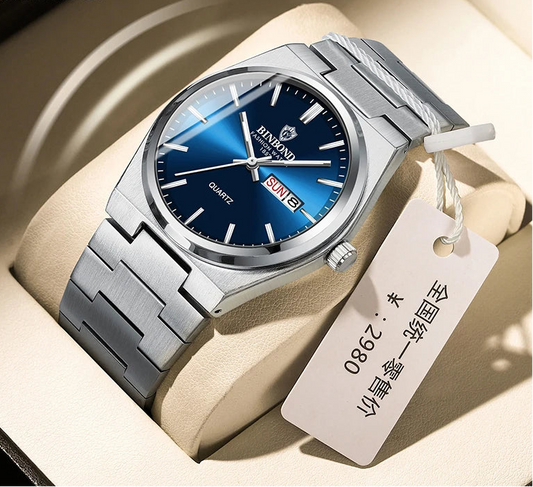 Silver blue sport watch combining elegance with functionality
