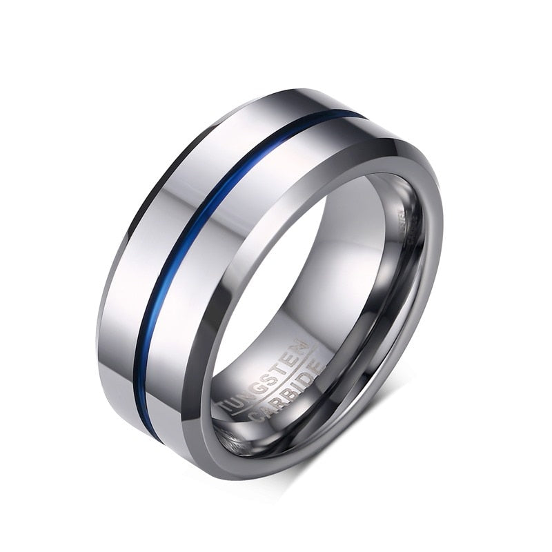 Silver men's band ring showing scratch-resistant stainless steel