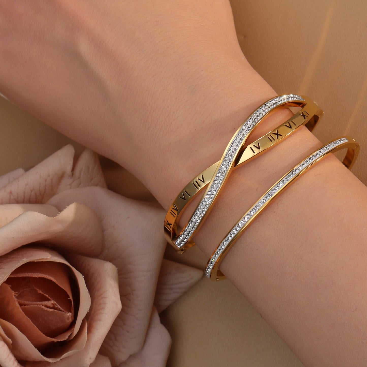 Silver crystal bangle bracelet showing polished finish and elegant design