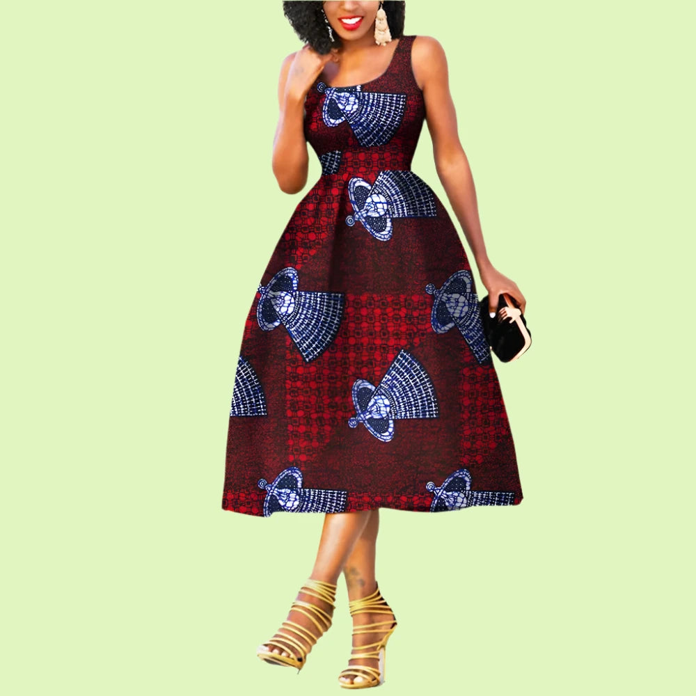 Sleeveless African print dress with bold patterns