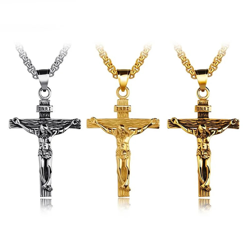 Stainless steel crucifix pendant necklace in gold, antique gold, and silver finishes