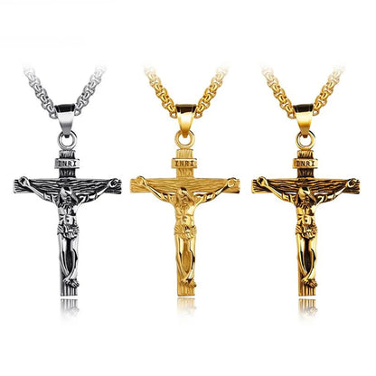 Stainless steel crucifix pendant necklace in gold, antique gold, and silver finishes