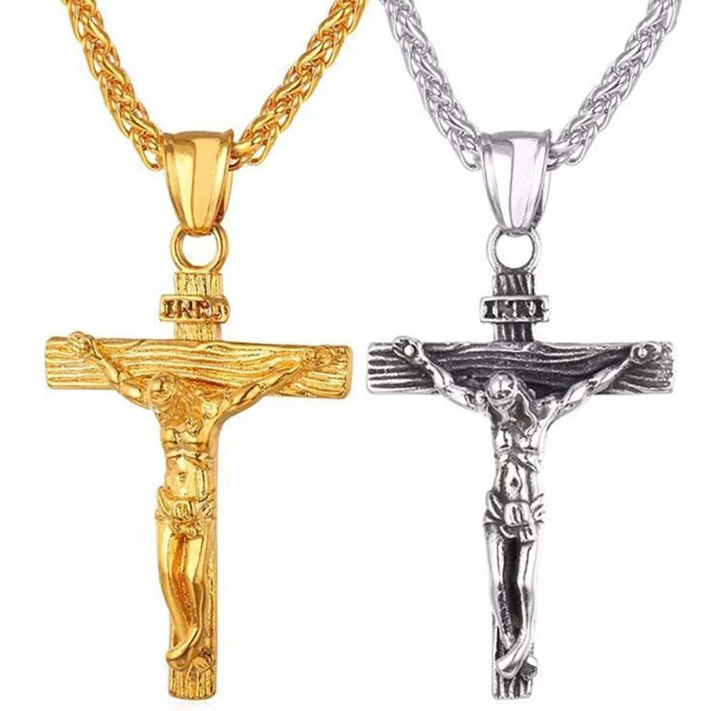 Stainless steel crucifix pendant necklace in gold, and silver finishes