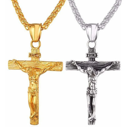 Stainless steel crucifix pendant necklace in gold, and silver finishes