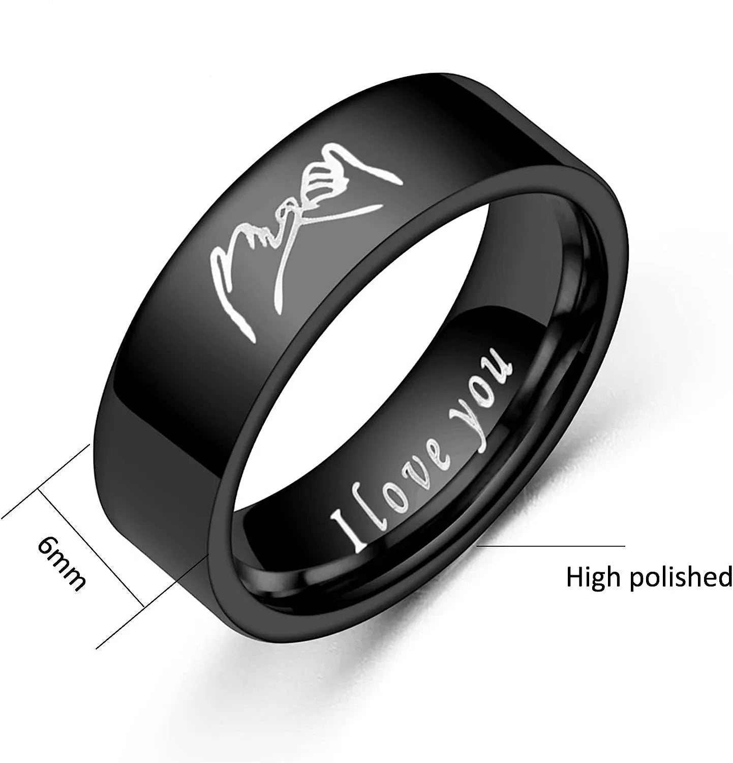 Silver ring with 'I love you' engraving on a white background