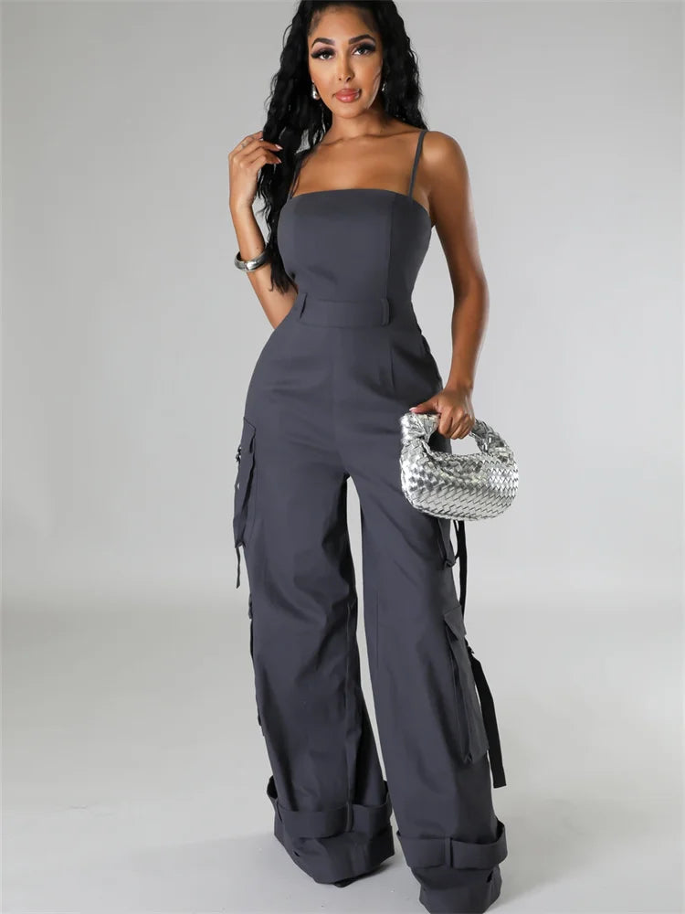 gray wide-leg jumpsuit for versatile dressing.