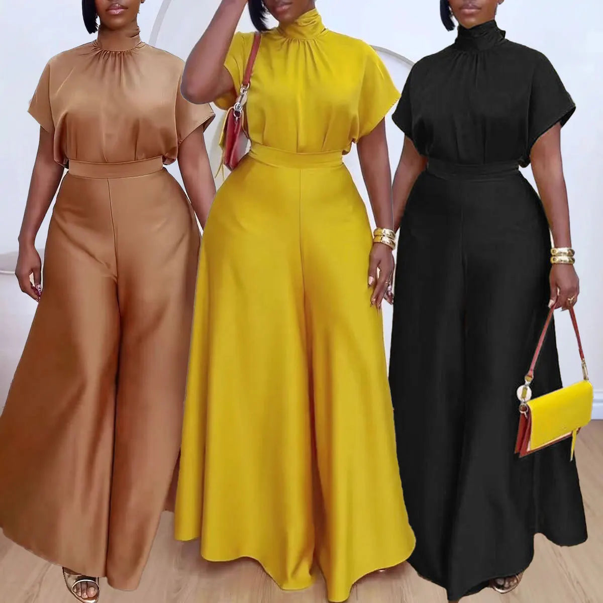 "Three colorways of Timeless Grace wide-leg two piece set - black, mustard, camel"