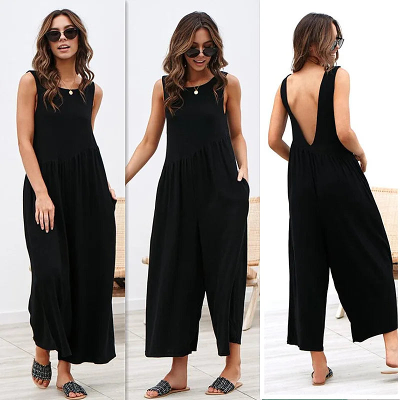 Sleeveless black wide-leg jumpsuit for women.