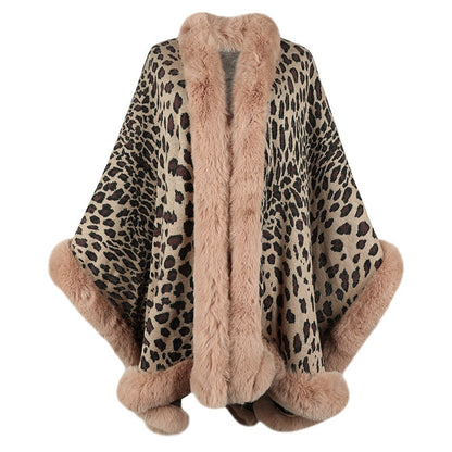 Leopard Print Fur Collar Cape Cardigan