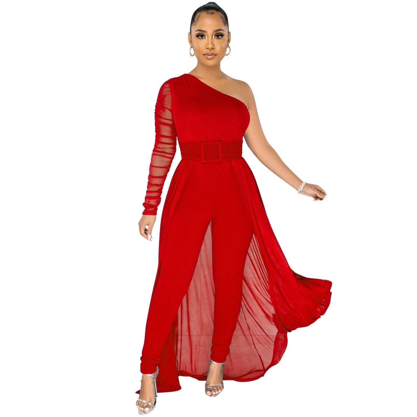Red One Shoulder Dressy Jumpsuit - ProLyf Styles
