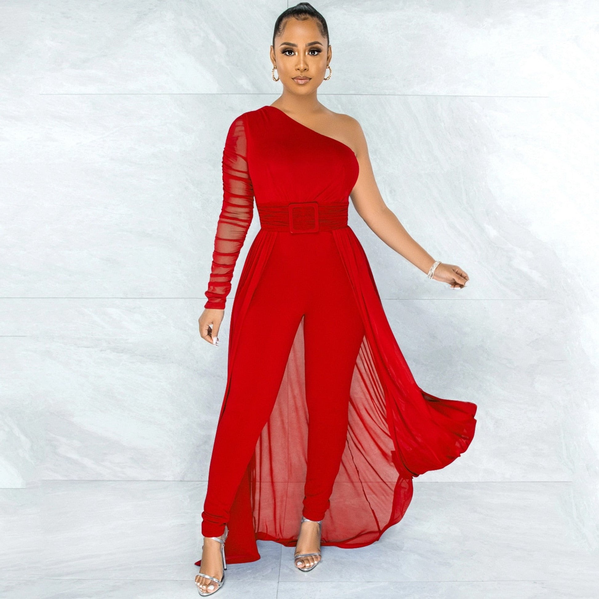 Red One Shoulder Dressy Jumpsuit - ProLyf Styles