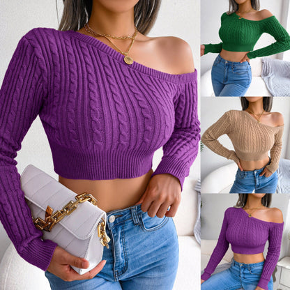 Off-Shoulder Long Sleeve Short Knitted Sweater