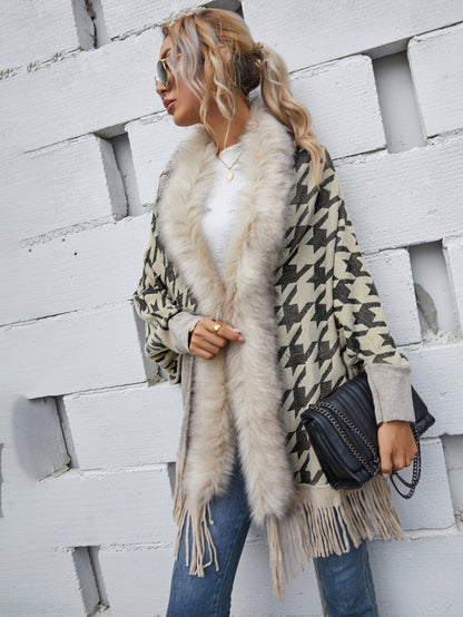 Luxury Fur Collar Houndstooth Shawl Sweater