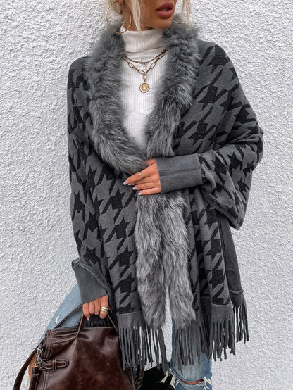 Luxury Fur Collar Houndstooth Shawl Sweater