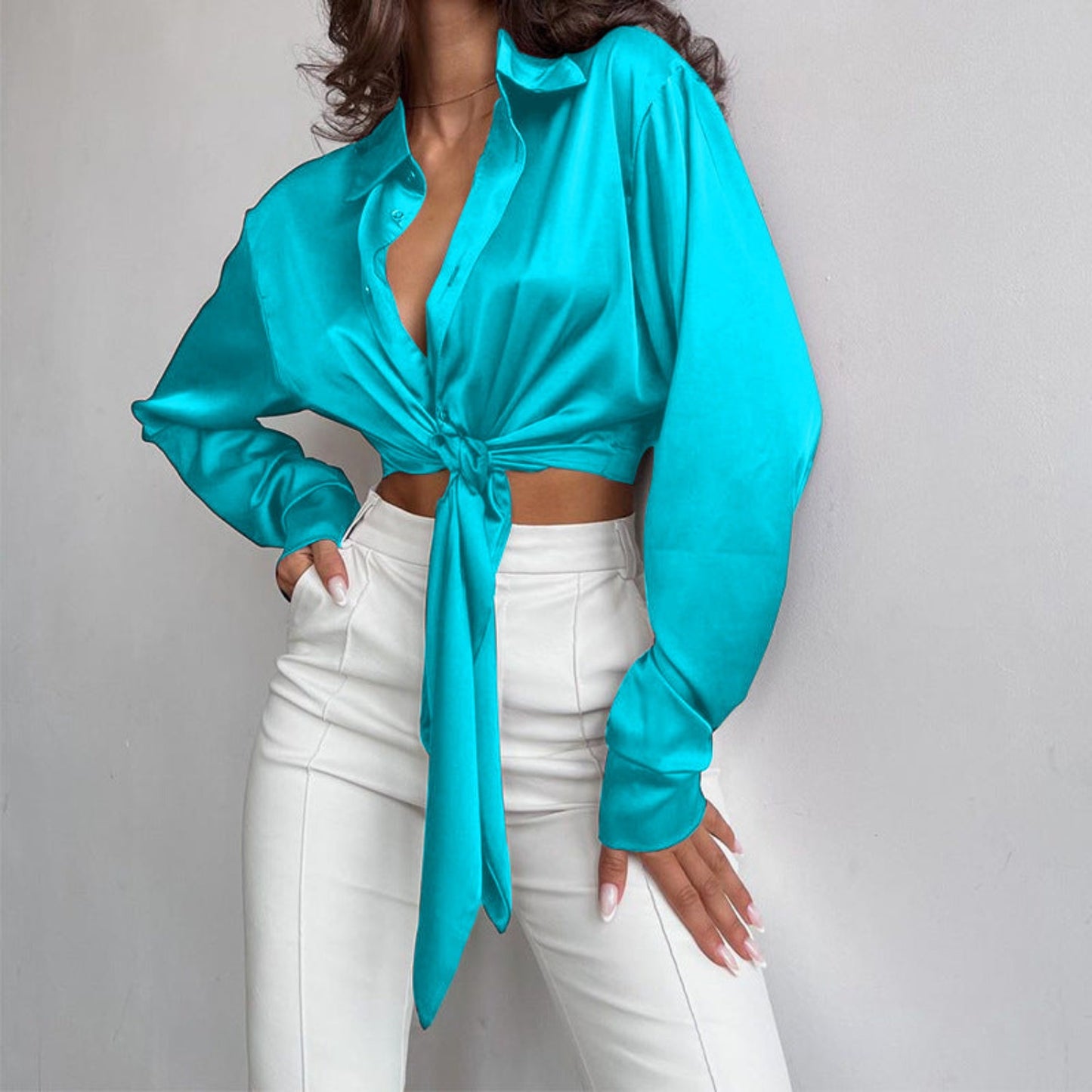 Spring Collared Long Sleeve Cropped Top