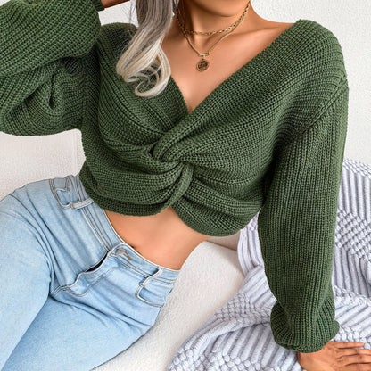 Long-Sleeved Knotted Navel Knitted Sweater