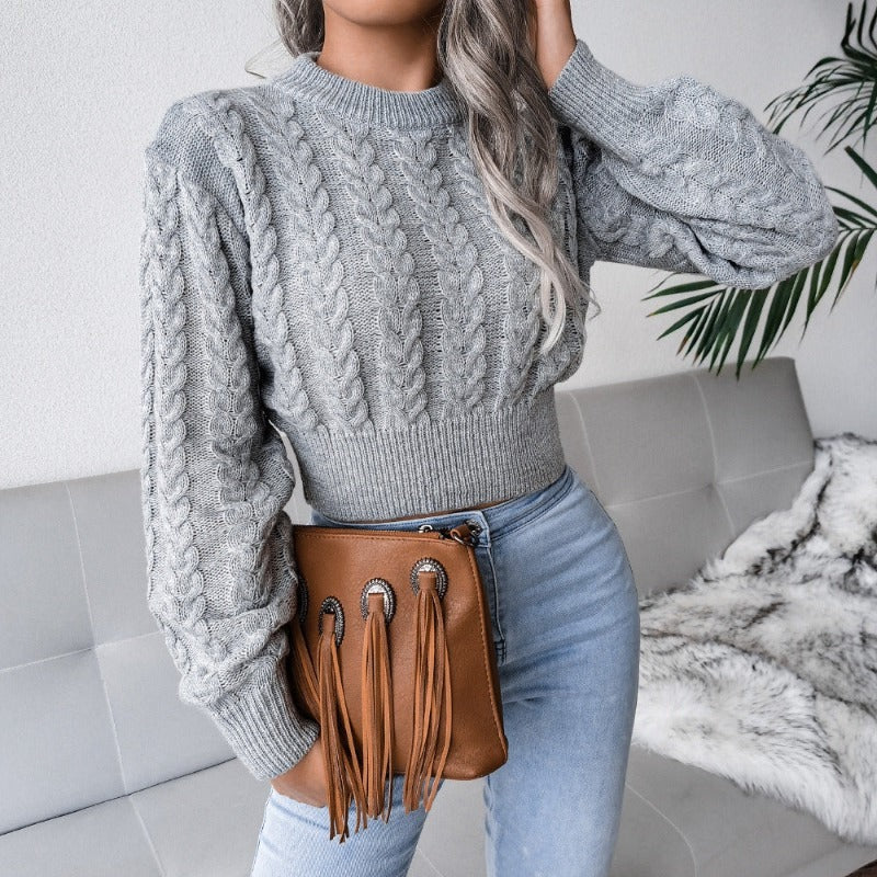 Knitted Long Sleeve Cinched Waist Pullover Sweater