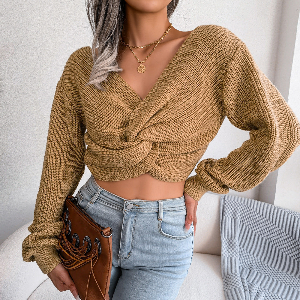 Long-Sleeved Knotted Navel Knitted Sweater