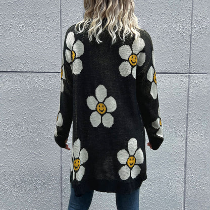 Floral Long Sleeve Mid Length Sweater Cardigan